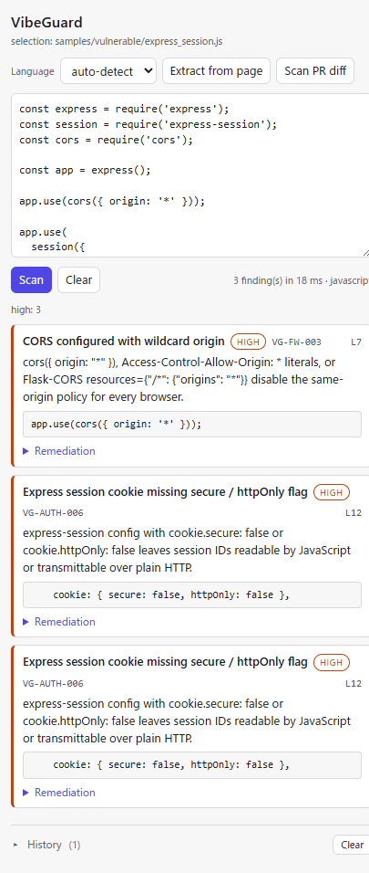 The Chrome extension: the Side Panel with a scanned snippet at the top and three findings below it, each showing severity, rule ID, line number and the matching line of code.
